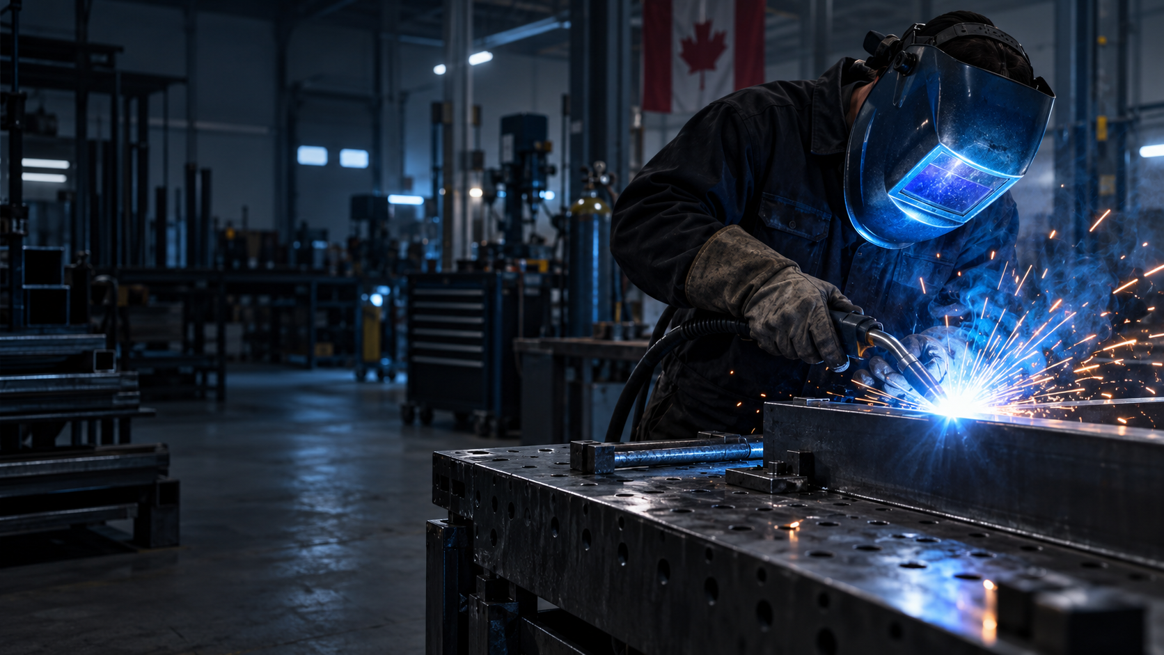 Welder fabricating steel in a professional workshop